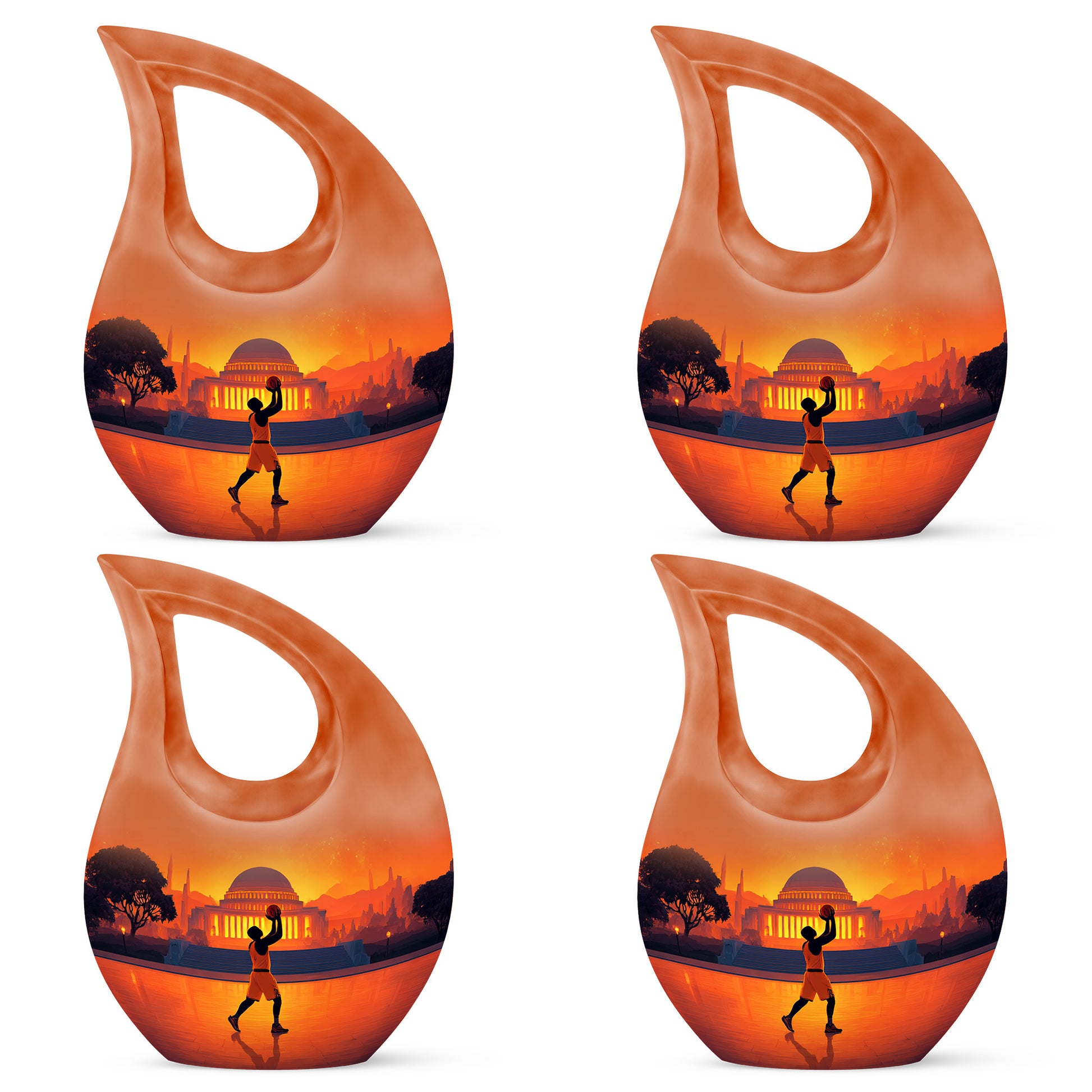 Ruby Red Basketball Cremation Urn lifestyle display on memorial shelf - faith-inspired cross-drop urn with basketball pattern - 10 inch aluminum urn for cremated remains