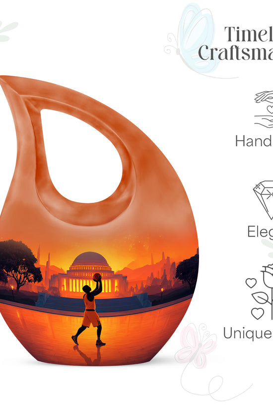 Cherry Red Basketball Cremation Urn back view with polished surface - faith-inspired cross-drop urn with basketball pattern - mini keepsake memorial for portion of cremation ashes