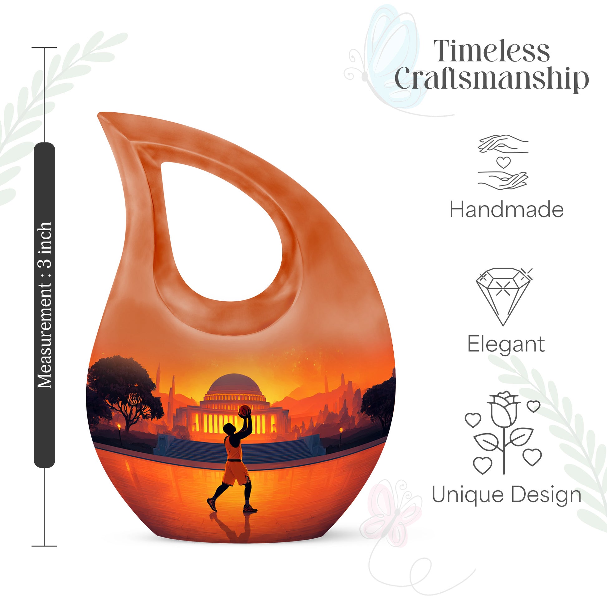 Cherry Red Basketball Cremation Urn back view with polished surface - faith-inspired cross-drop urn with basketball pattern - mini keepsake memorial for portion of cremation ashes