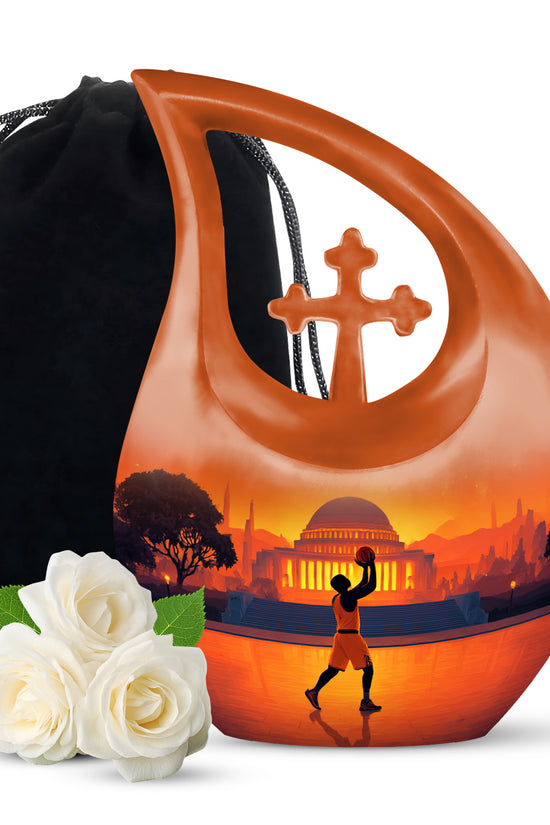 Crimson Red Basketball Cremation Urn top-down view of secure threaded lid - cross and basketball combined in spiritual memorial design - full-size 10 inch 200 cubic inch adult cremation urn