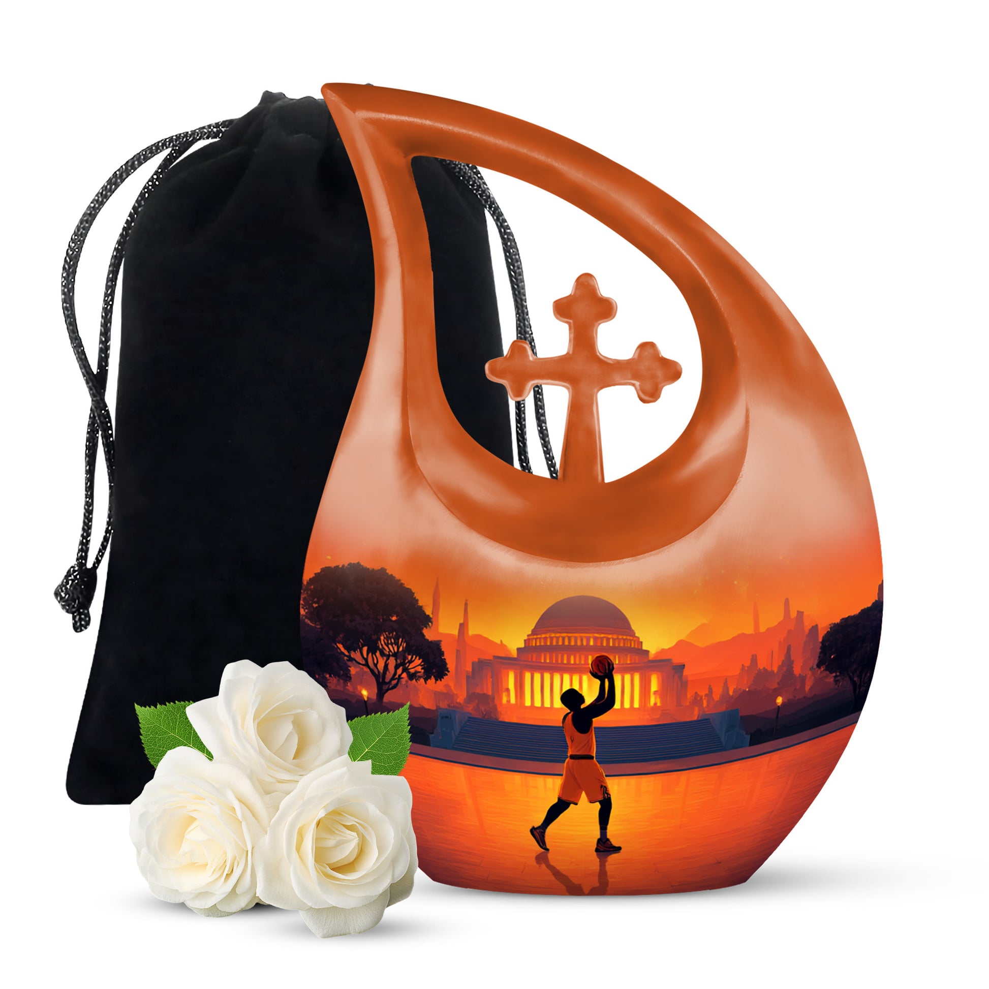 Crimson Red Basketball Cremation Urn top-down view of secure threaded lid - cross and basketball combined in spiritual memorial design - full-size 10 inch 200 cubic inch adult cremation urn