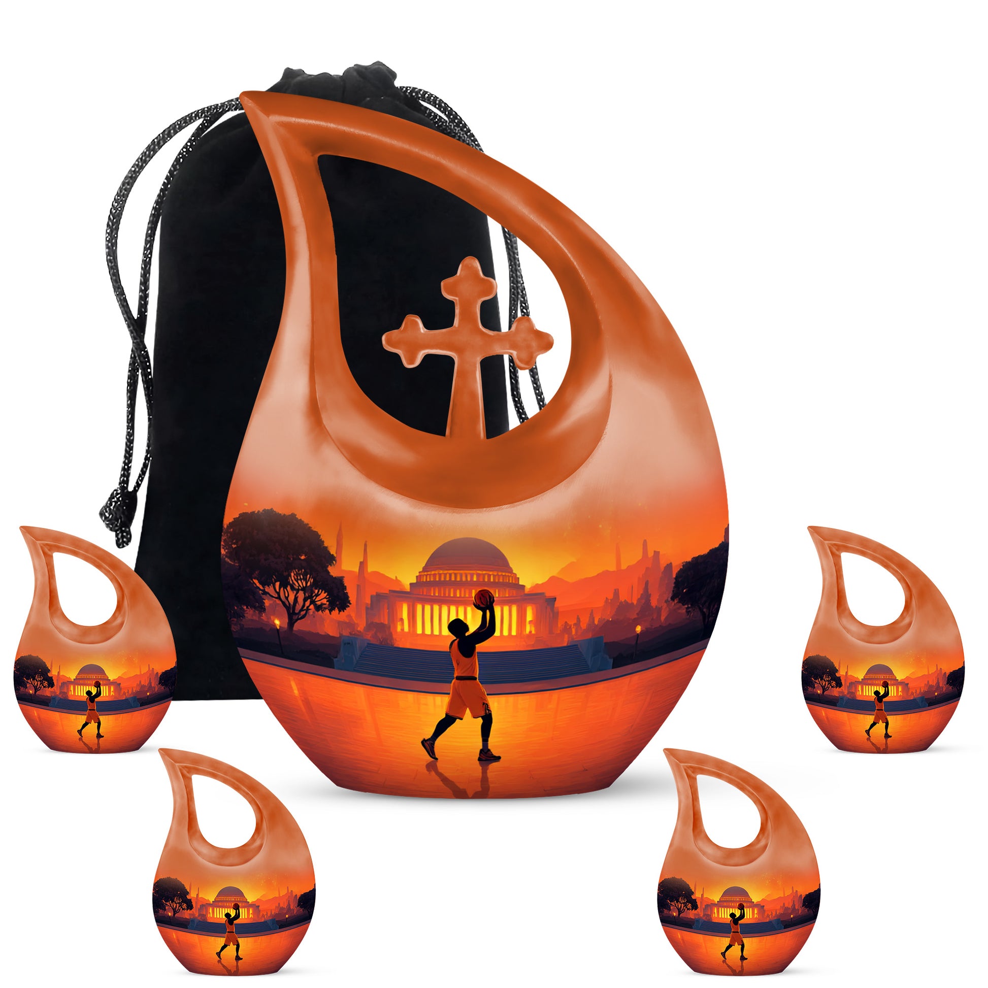 Burgundy Red Basketball Cremation Urn urn with complimentary velvet bag - sacred cross merged with basketball motif on metal - memorial set with one large and four small urns