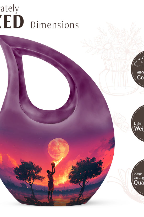 Vivid Blue Basketball Cremation Urn back view with polished surface - faith-inspired cross-drop urn with basketball pattern - mini keepsake memorial for portion of cremation ashes