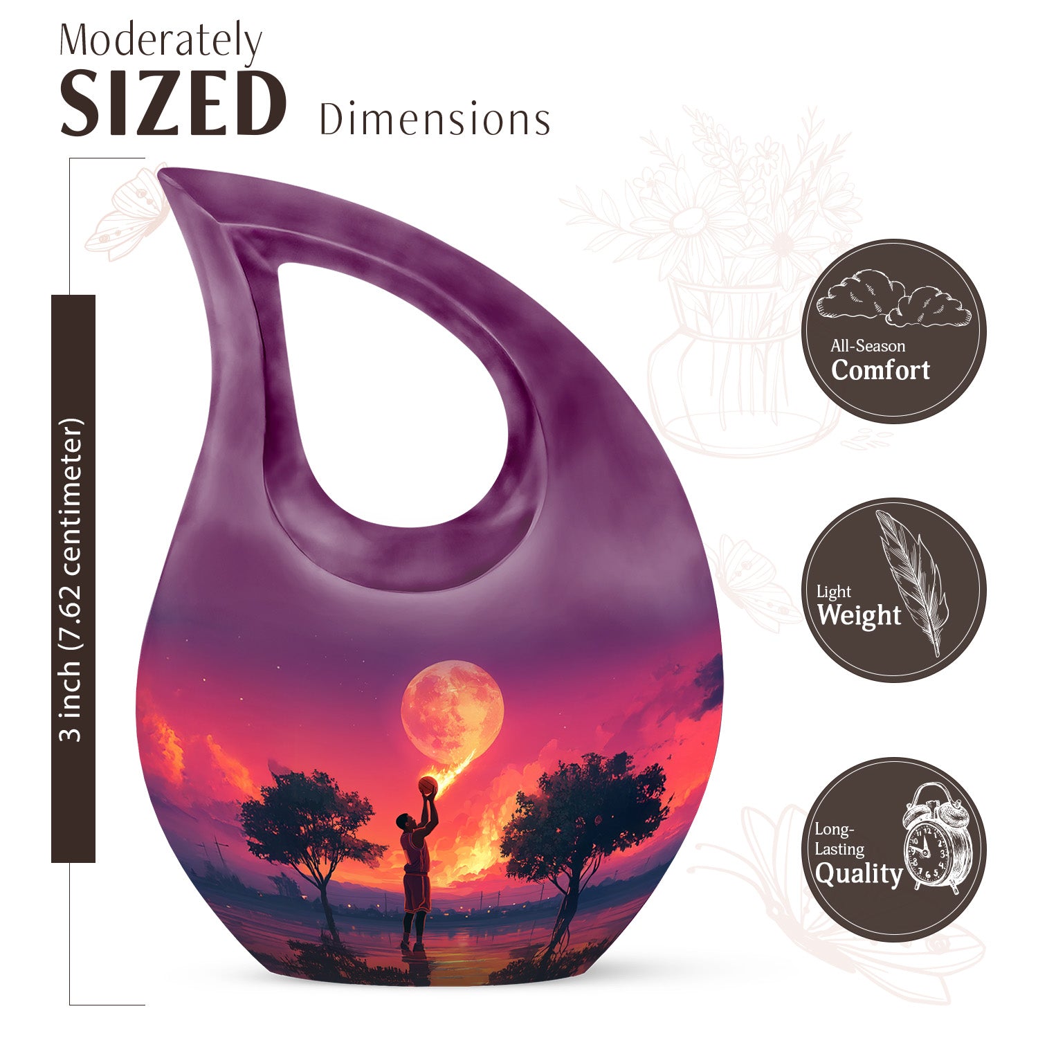 Vivid Blue Basketball Cremation Urn back view with polished surface - faith-inspired cross-drop urn with basketball pattern - mini keepsake memorial for portion of cremation ashes