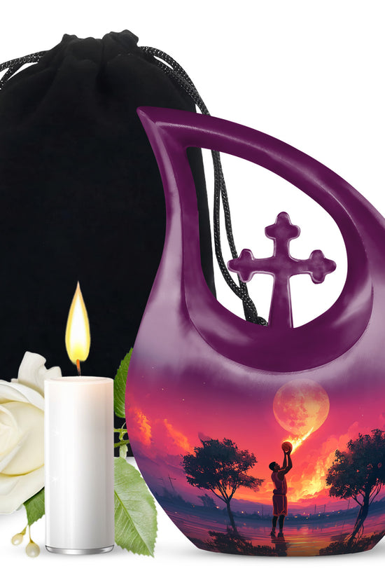 Slate Blue Basketball Cremation Urn top-down view of secure threaded lid - sacred cross merged with basketball motif on metal - full-size 10 inch 200 cubic inch adult cremation urn