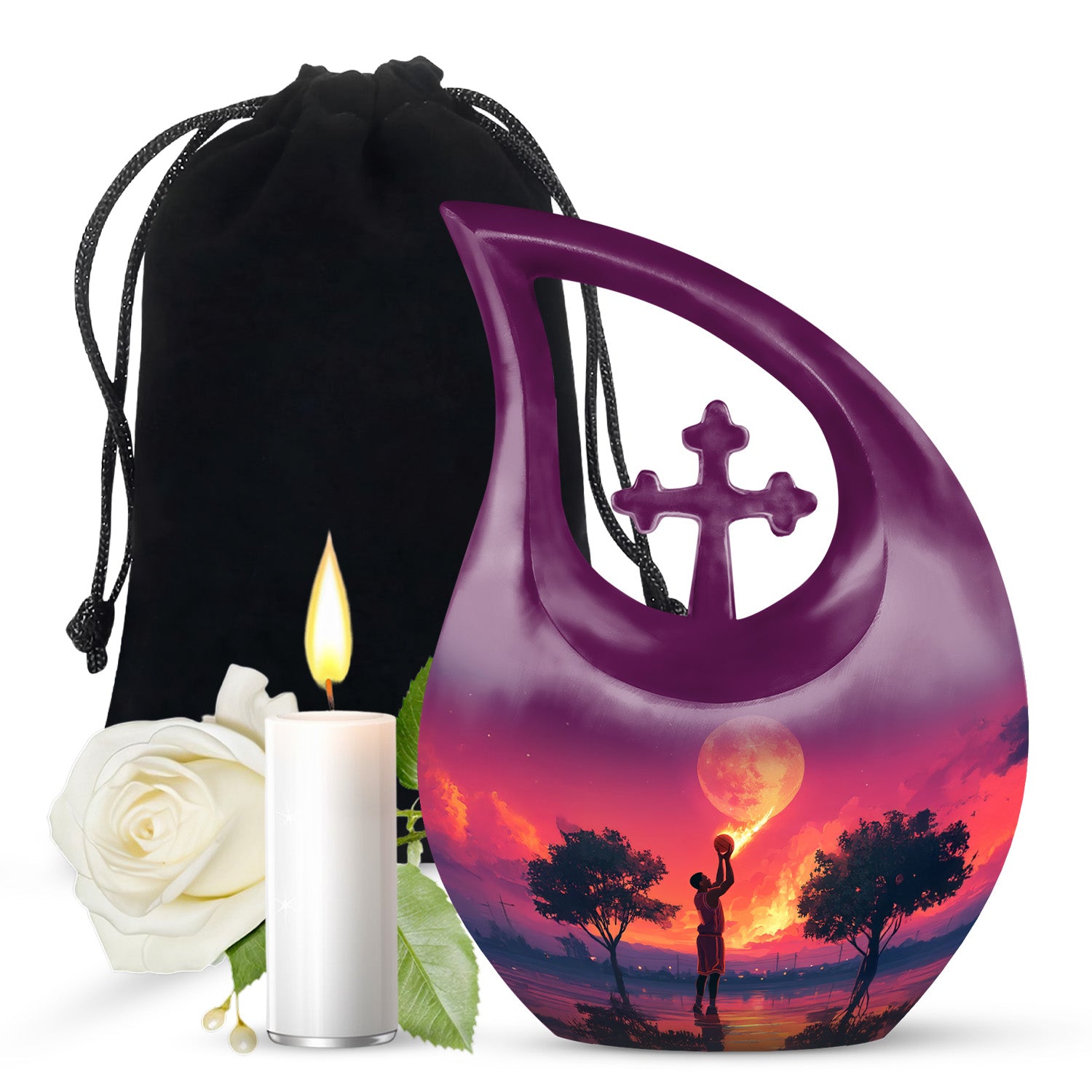 Slate Blue Basketball Cremation Urn top-down view of secure threaded lid - sacred cross merged with basketball motif on metal - full-size 10 inch 200 cubic inch adult cremation urn