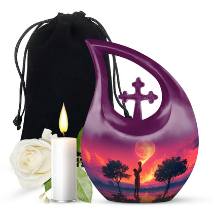 Slate Blue Basketball Cremation Urn top-down view of secure threaded lid - sacred cross merged with basketball motif on metal - full-size 10 inch 200 cubic inch adult cremation urn