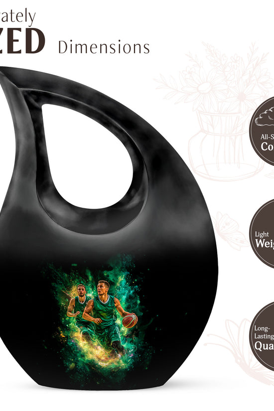 Jet Black Basketball Cremation Urn back view with polished surface - sacred cross merged with basketball motif on metal - mini keepsake memorial for portion of cremation ashes