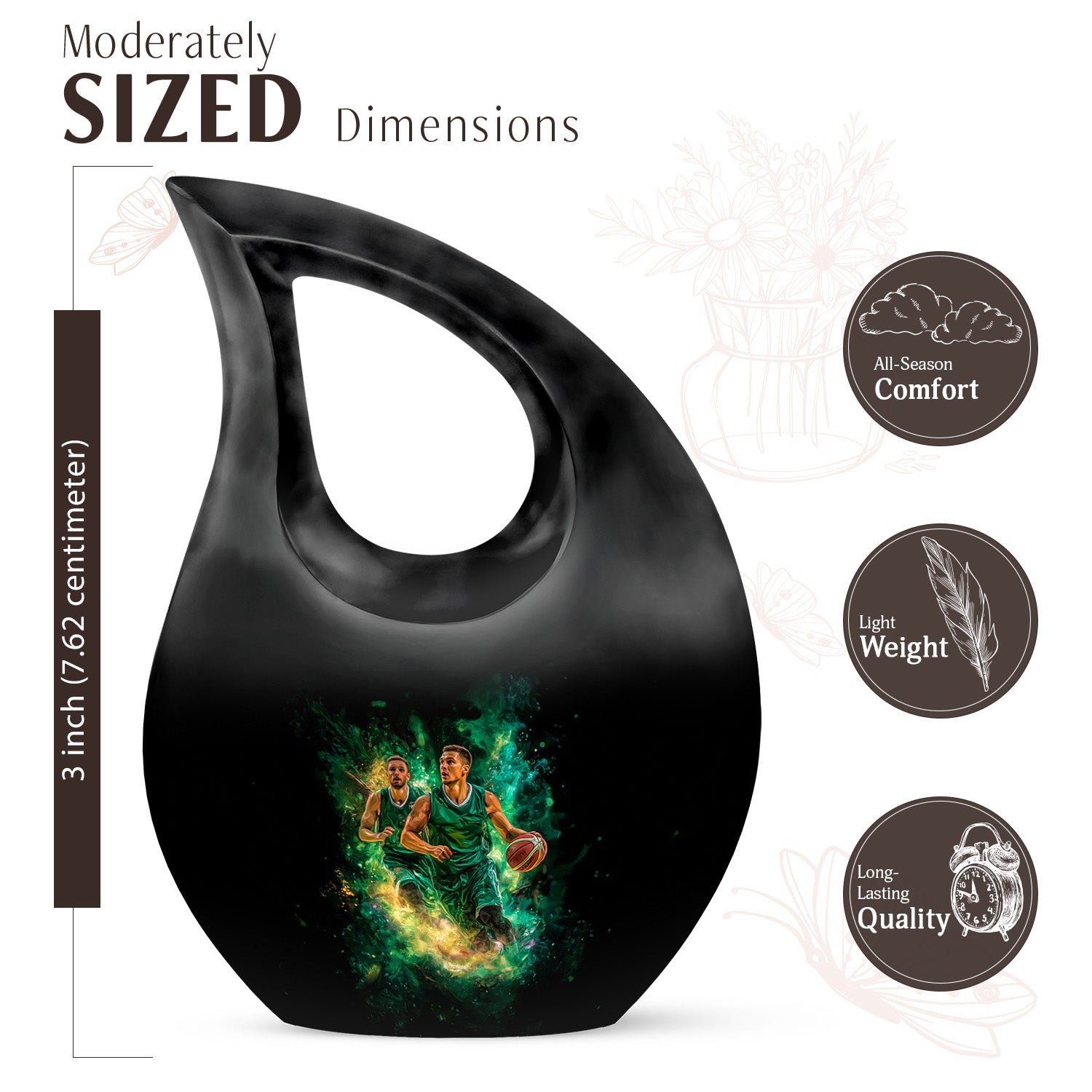 Jet Black Basketball Cremation Urn back view with polished surface - sacred cross merged with basketball motif on metal - mini keepsake memorial for portion of cremation ashes