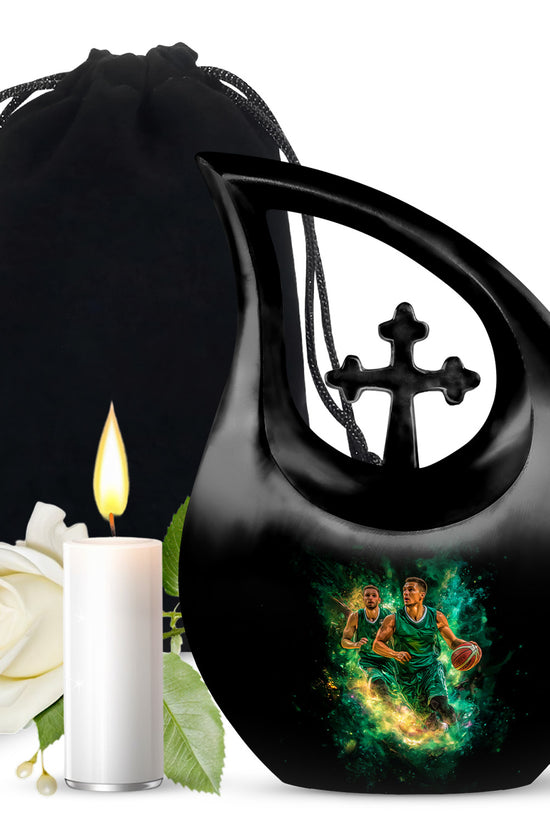Jet Black Basketball Cremation Urn top-down view of secure threaded lid - cross and basketball combined in spiritual memorial design - full-size 10 inch 200 cubic inch adult cremation urn