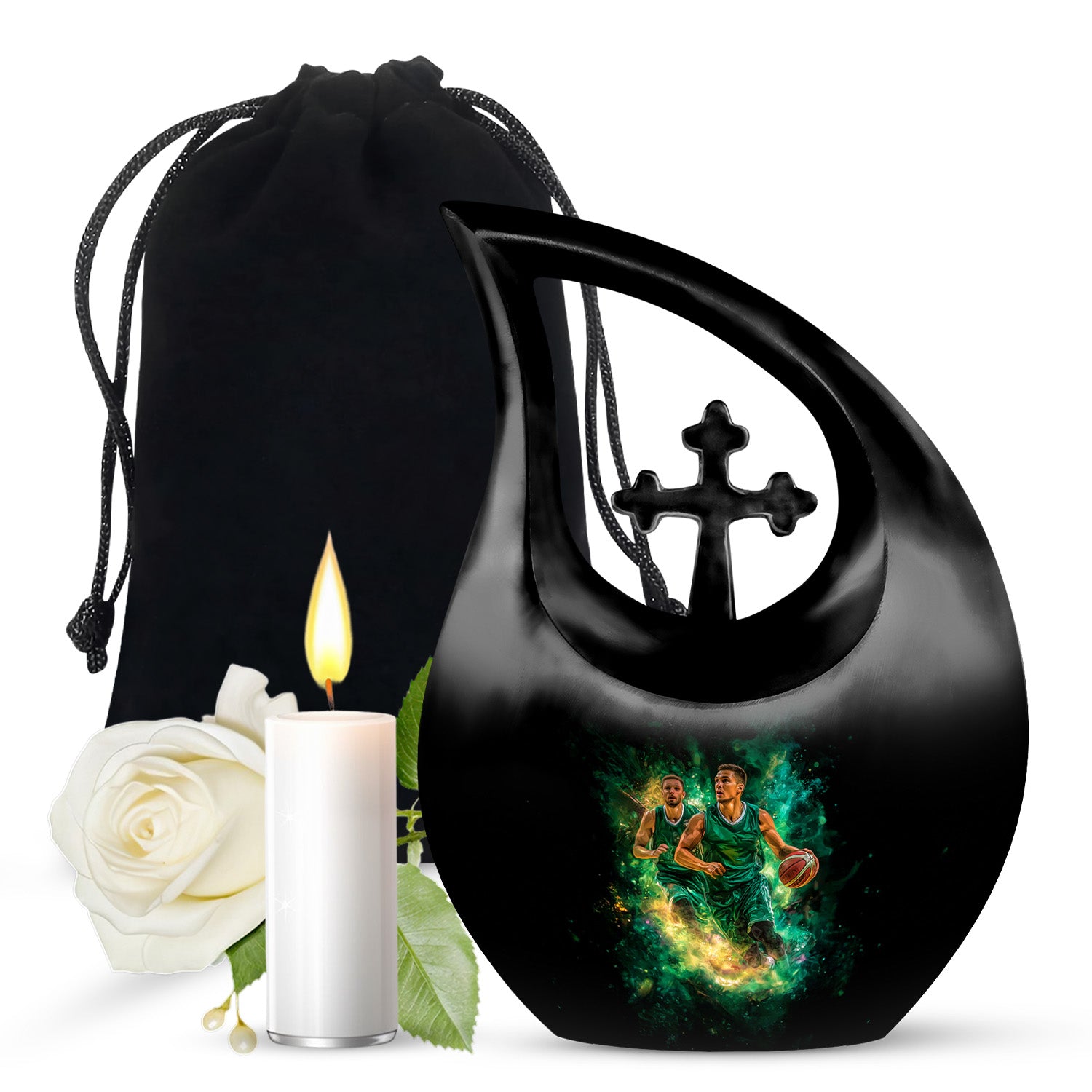 Jet Black Basketball Cremation Urn top-down view of secure threaded lid - cross and basketball combined in spiritual memorial design - full-size 10 inch 200 cubic inch adult cremation urn