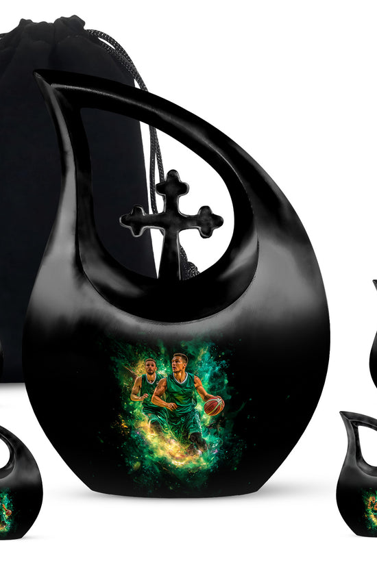 Charcoal Black Basketball Cremation Urn urn with complimentary velvet bag - faith-inspired cross-drop urn with basketball pattern - memorial set with one large and four small urns