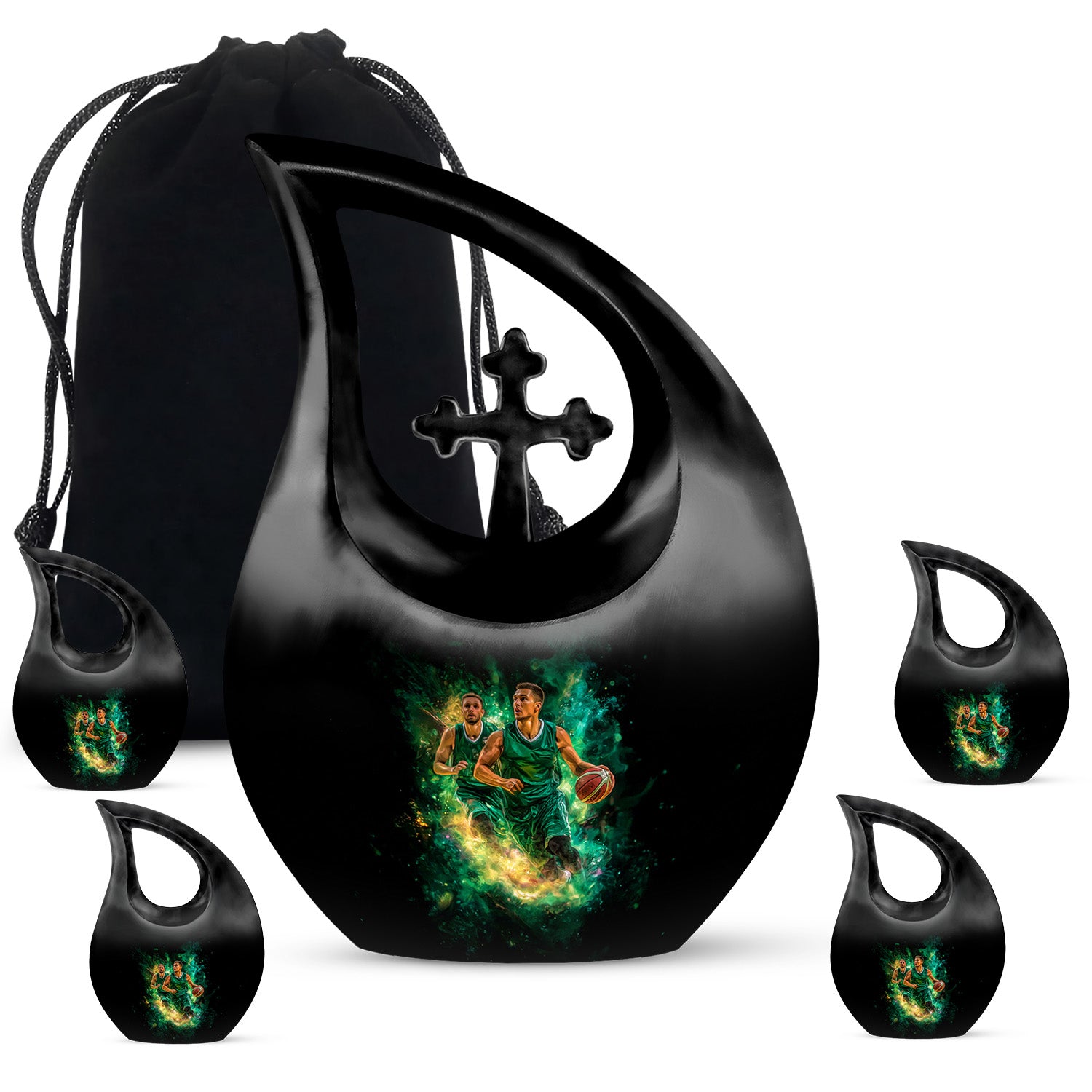 Charcoal Black Basketball Cremation Urn urn with complimentary velvet bag - faith-inspired cross-drop urn with basketball pattern - memorial set with one large and four small urns