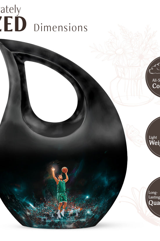 Glossy Black Basketball Cremation Urn back view with polished surface - sacred cross merged with basketball motif on metal - mini keepsake memorial for portion of cremation ashes