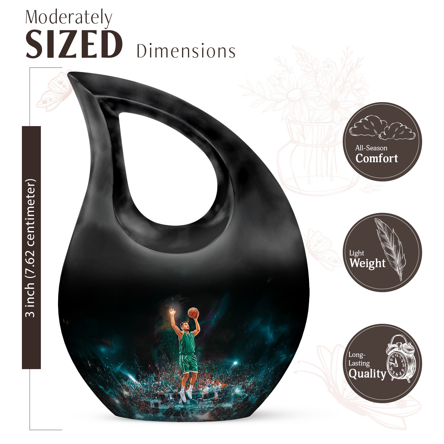 Glossy Black Basketball Cremation Urn back view with polished surface - sacred cross merged with basketball motif on metal - mini keepsake memorial for portion of cremation ashes