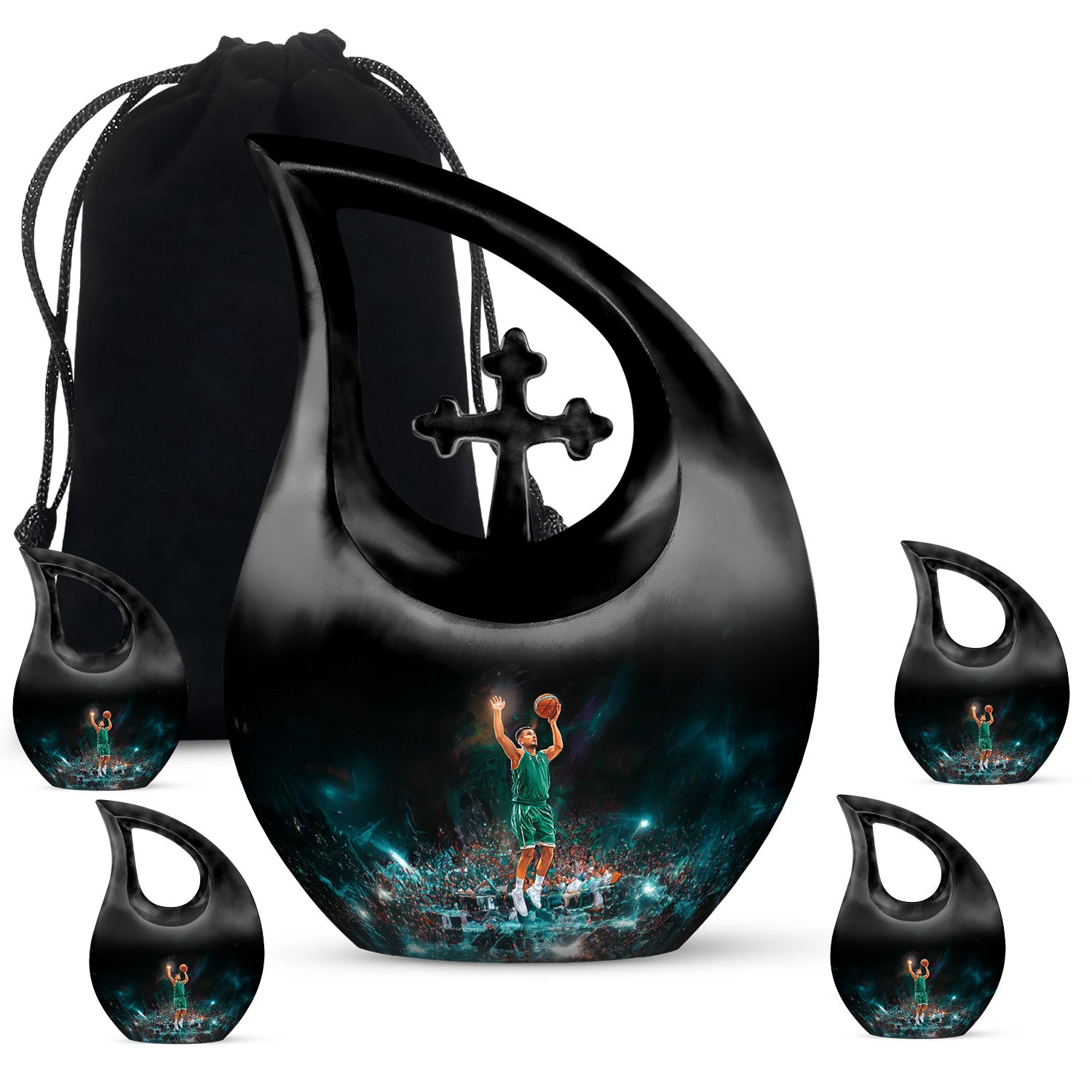 Rich Black Basketball Cremation Urn urn with complimentary velvet bag - sacred cross merged with basketball motif on metal - memorial set with one large and four small urns