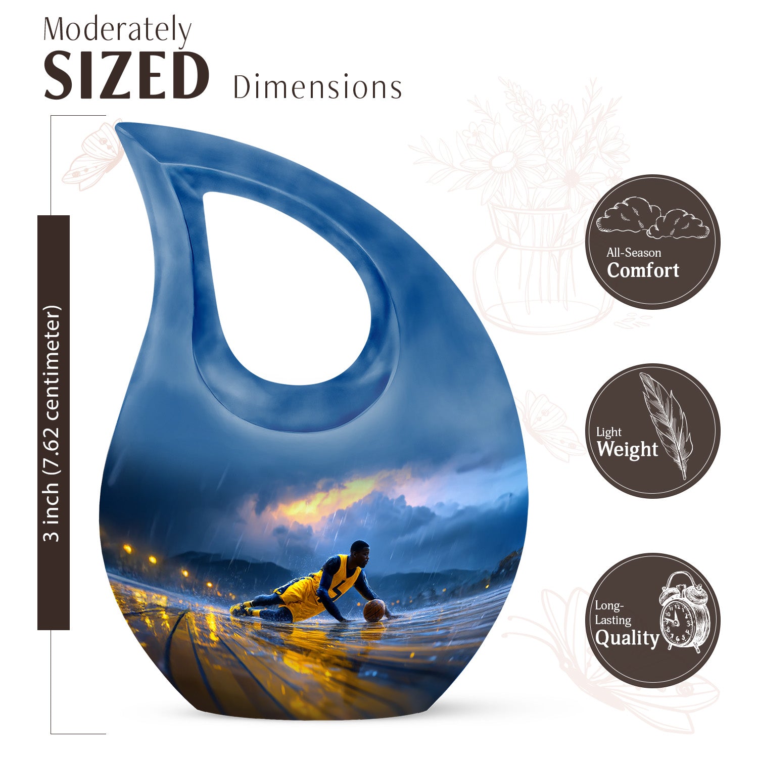 Slate Blue Basketball Cremation Urn back view with polished surface - sacred cross merged with basketball motif on metal - mini keepsake memorial for portion of cremation ashes