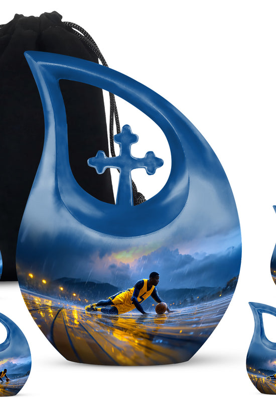 Misty Blue Basketball Cremation Urn urn with complimentary velvet bag - sacred cross merged with basketball motif on metal - memorial set with one large and four small urns