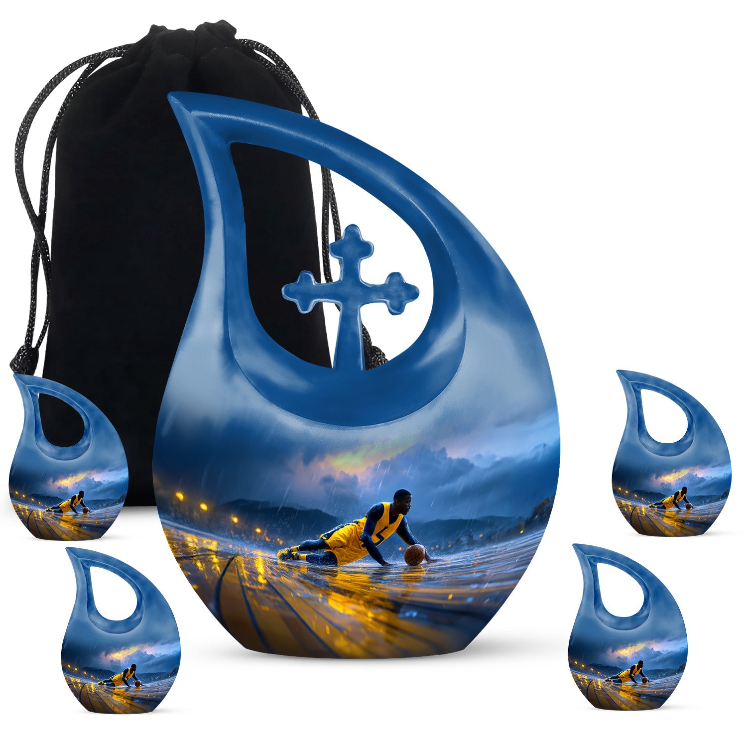 Misty Blue Basketball Cremation Urn urn with complimentary velvet bag - sacred cross merged with basketball motif on metal - memorial set with one large and four small urns