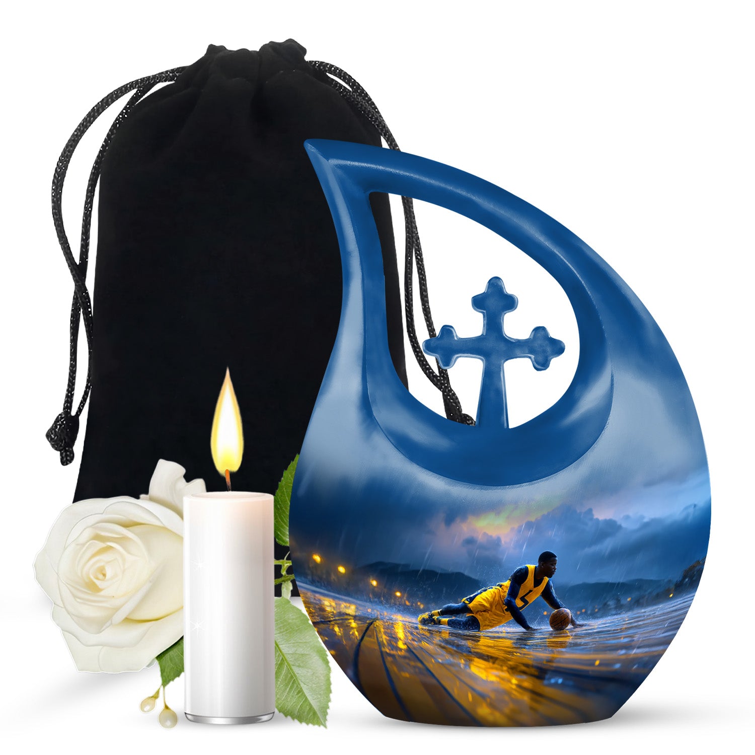 Dusty Blue Basketball Cremation Urn top-down view of secure threaded lid - cross and basketball combined in spiritual memorial design - full-size 10 inch 200 cubic inch adult cremation urn