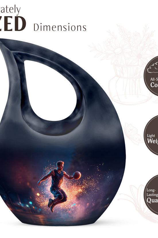 Soft Blue Basketball Cremation Urn back view with polished surface - devotional cross-drop basketball engraving - mini keepsake memorial for portion of cremation ashes