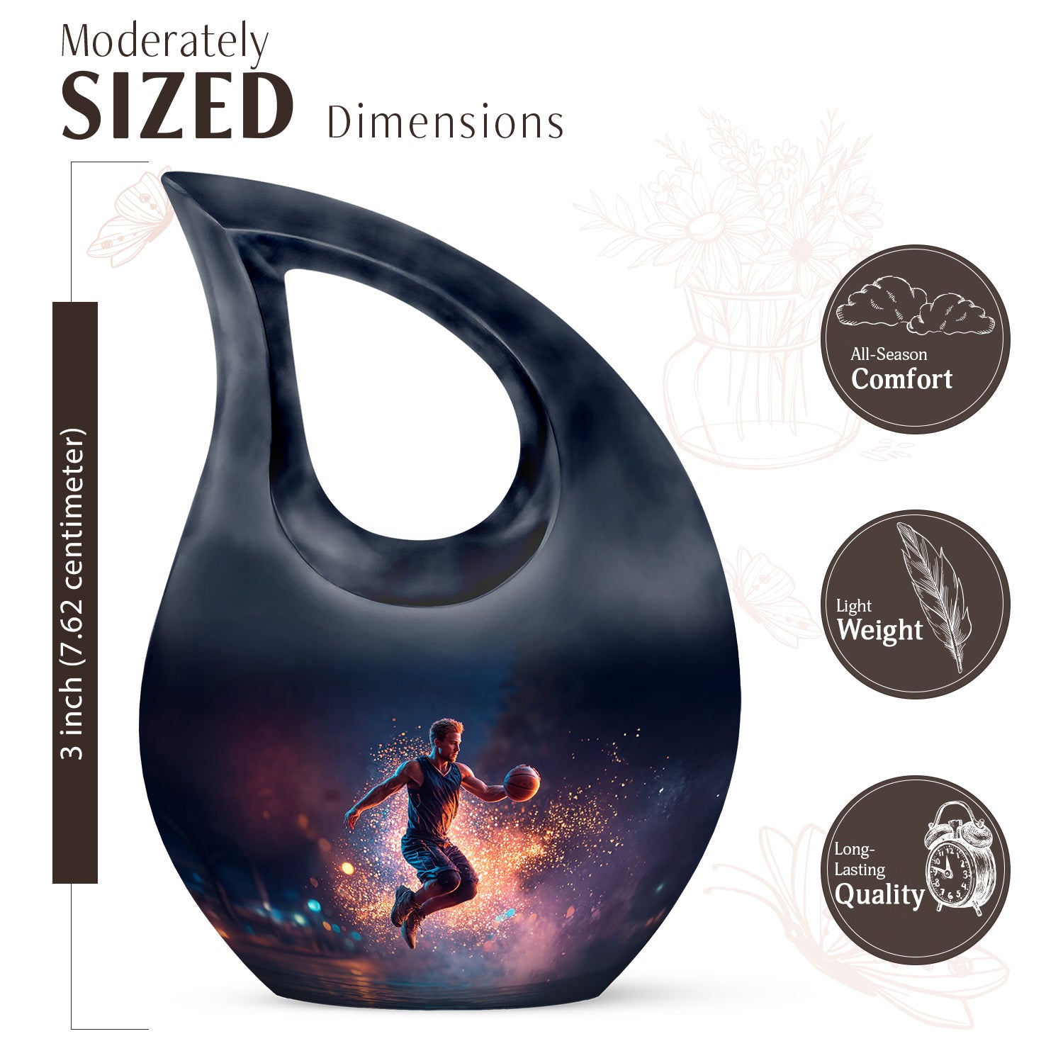 Soft Blue Basketball Cremation Urn back view with polished surface - devotional cross-drop basketball engraving - mini keepsake memorial for portion of cremation ashes
