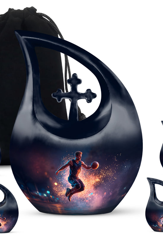 Twilight Blue Basketball Cremation Urn urn with complimentary velvet bag - faith-inspired cross-drop urn with basketball pattern - memorial set with one large and four small urns