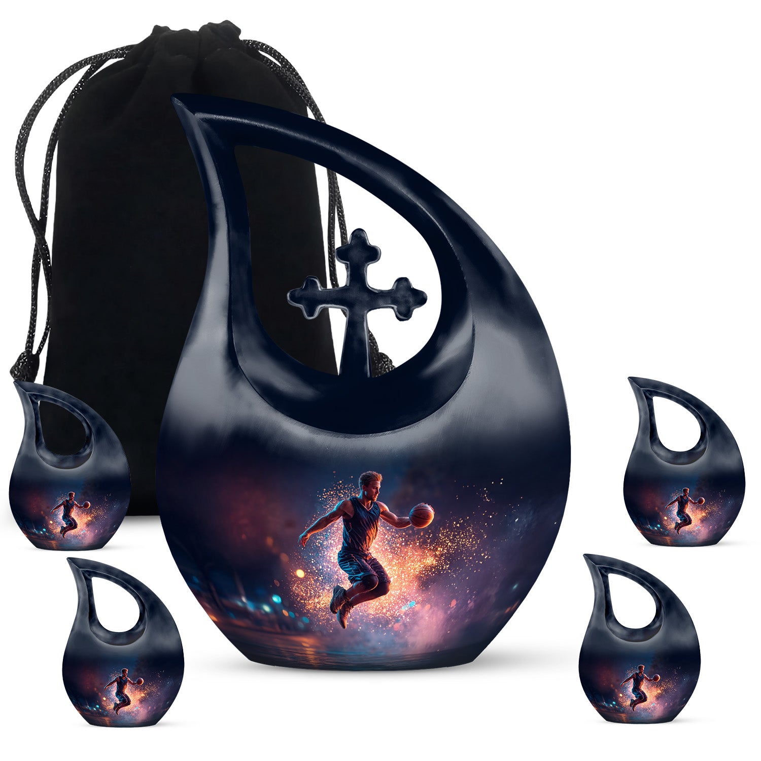 Twilight Blue Basketball Cremation Urn urn with complimentary velvet bag - faith-inspired cross-drop urn with basketball pattern - memorial set with one large and four small urns