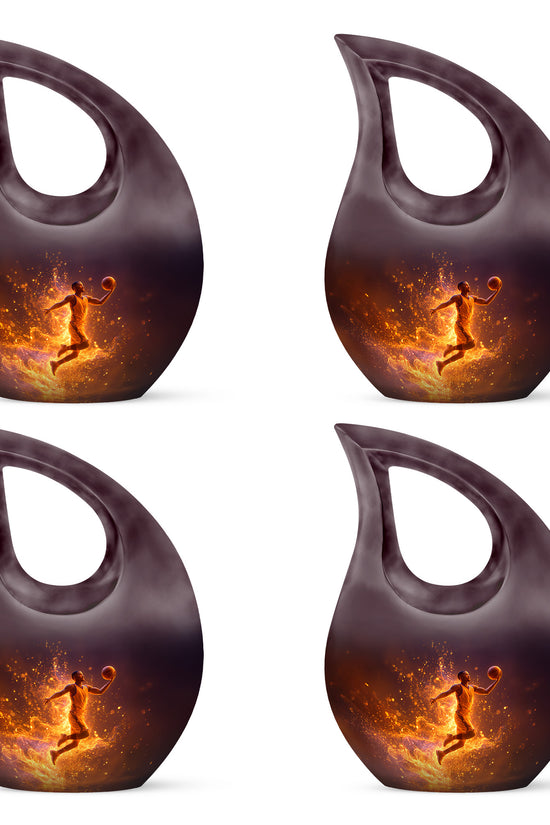 Ebony Basketball Cremation Urn lifestyle display on memorial shelf - cross and basketball combined in spiritual memorial design - 10 inch aluminum urn for cremated remains