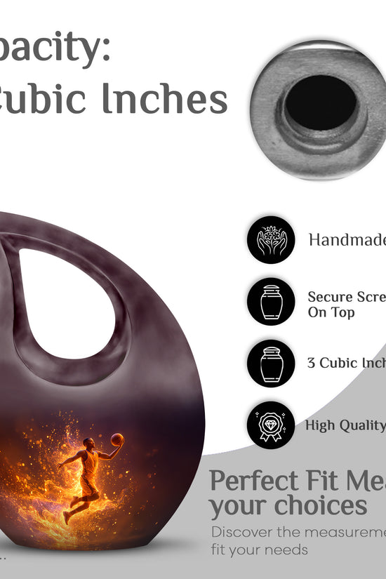 Dark Black Basketball Cremation Urn back view with polished surface - devotional cross-drop basketball engraving - mini keepsake memorial for portion of cremation ashes