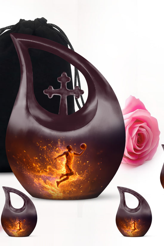 Ebony Basketball Cremation Urn urn with complimentary velvet bag - sacred cross merged with basketball motif on metal - memorial set with one large and four small urns
