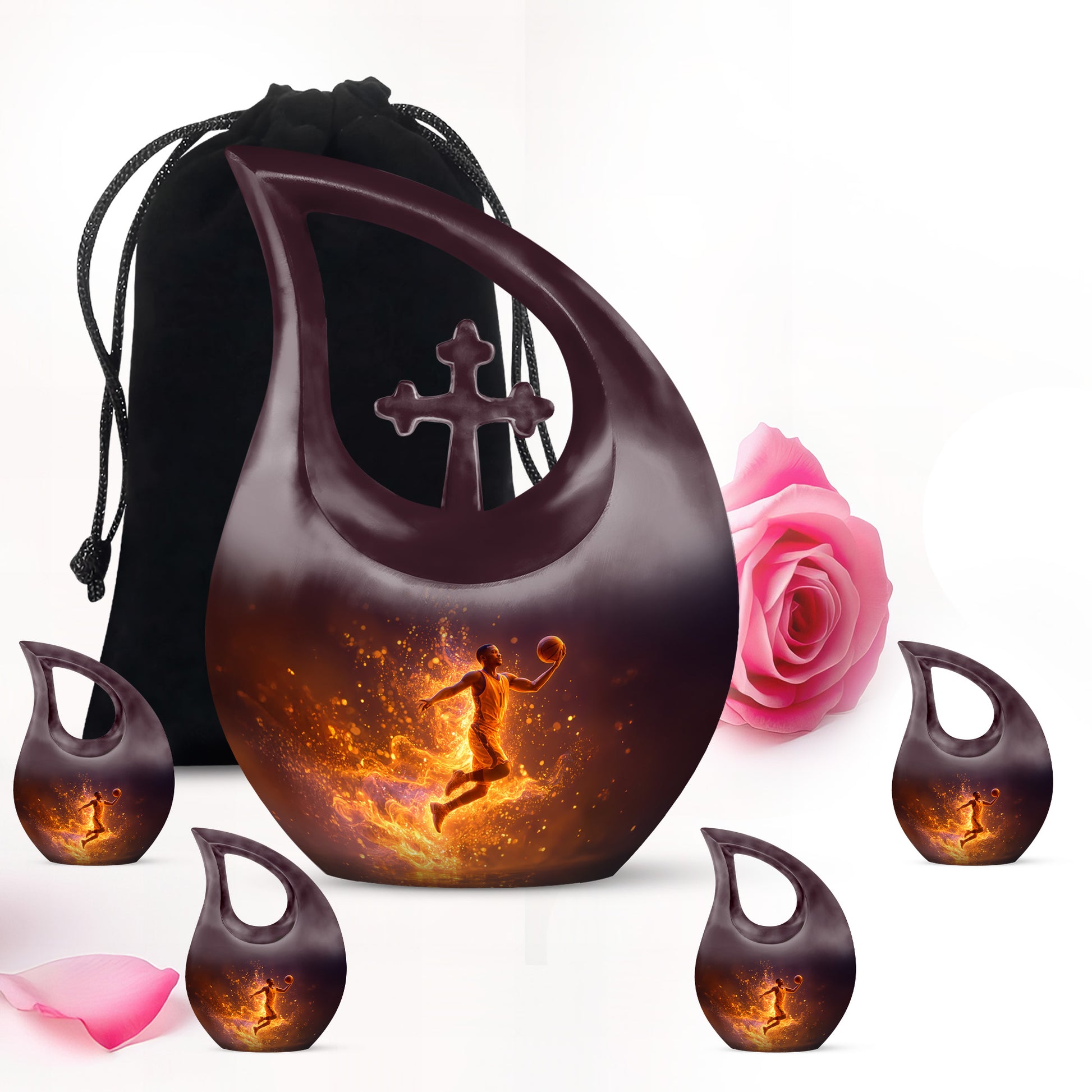 Ebony Basketball Cremation Urn urn with complimentary velvet bag - sacred cross merged with basketball motif on metal - memorial set with one large and four small urns
