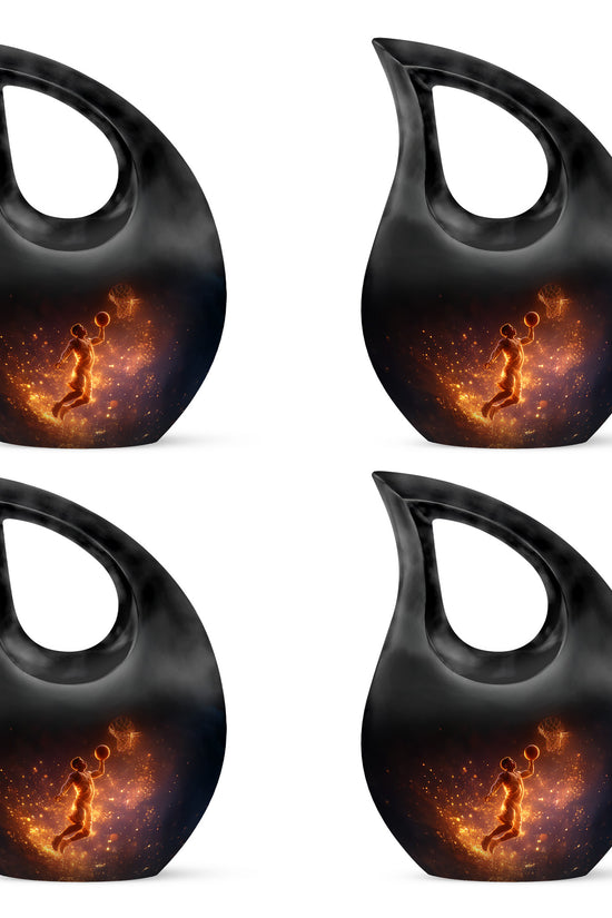 Glossy Black Basketball Cremation Urn lifestyle display on memorial shelf - sacred cross merged with basketball motif on metal - 10 inch aluminum urn for cremated remains