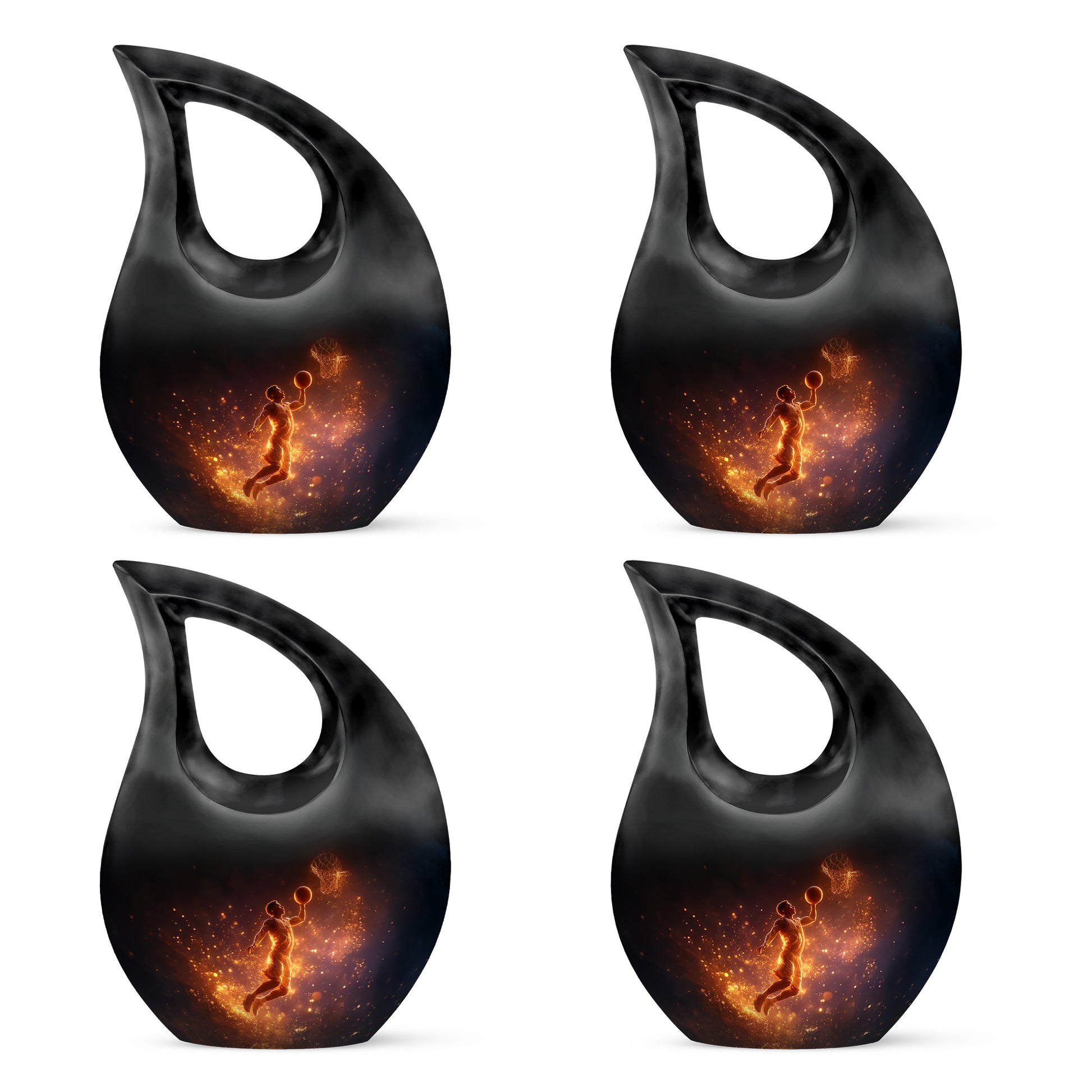 Glossy Black Basketball Cremation Urn lifestyle display on memorial shelf - sacred cross merged with basketball motif on metal - 10 inch aluminum urn for cremated remains