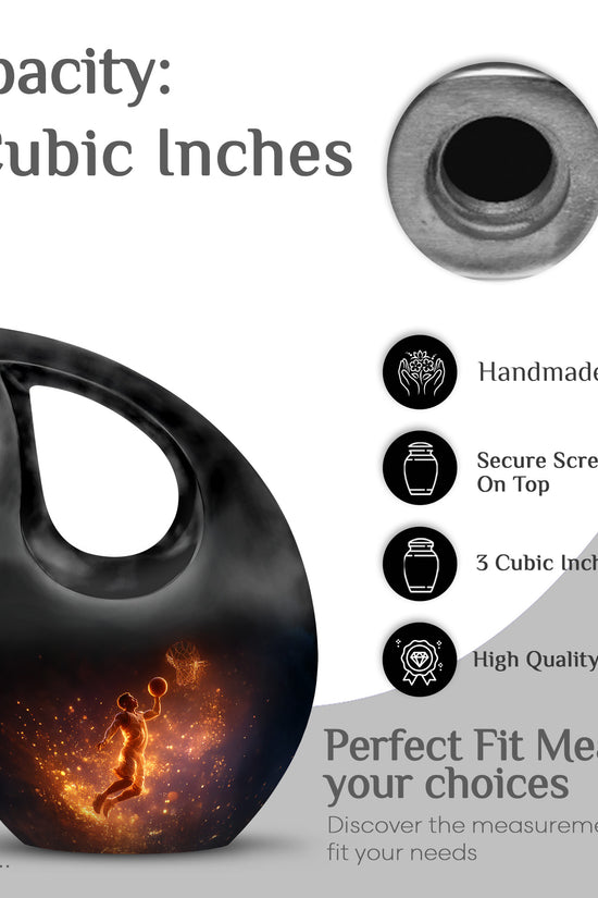 Midnight Black Basketball Cremation Urn back view with polished surface - faith-inspired cross-drop urn with basketball pattern - mini keepsake memorial for portion of cremation ashes
