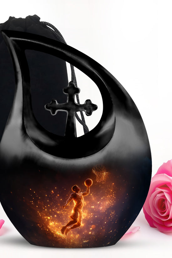 Charcoal Black Basketball Cremation Urn top-down view of secure threaded lid - devotional cross-drop basketball engraving - full-size 10 inch 200 cubic inch adult cremation urn