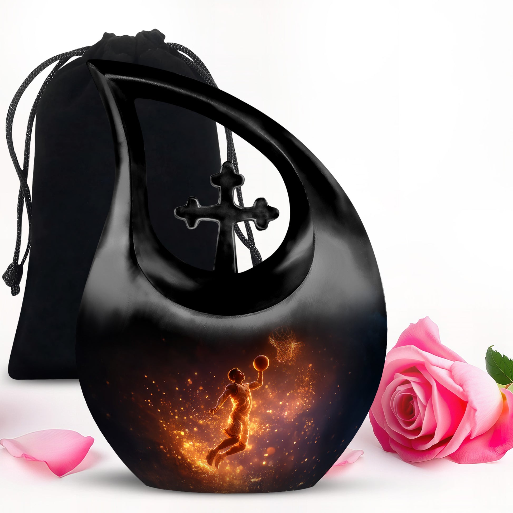 Charcoal Black Basketball Cremation Urn top-down view of secure threaded lid - devotional cross-drop basketball engraving - full-size 10 inch 200 cubic inch adult cremation urn