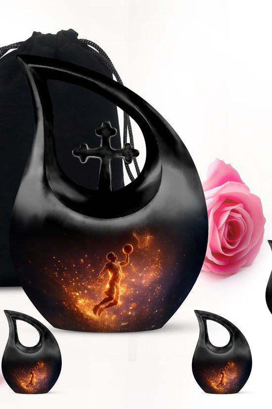 Onyx Black Basketball Cremation Urn urn with complimentary velvet bag - devotional cross-drop basketball engraving - memorial set with one large and four small urns
