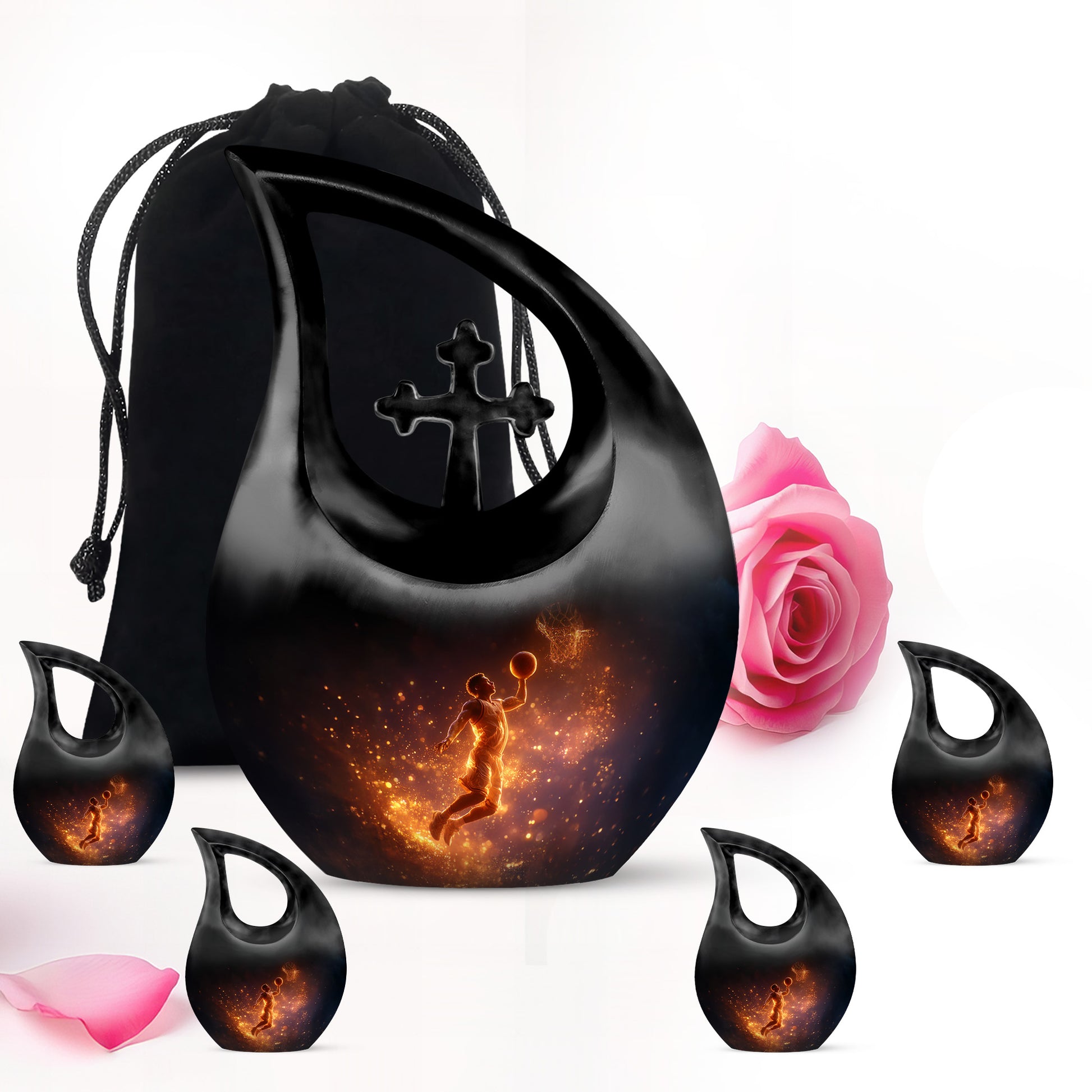Onyx Black Basketball Cremation Urn urn with complimentary velvet bag - devotional cross-drop basketball engraving - memorial set with one large and four small urns