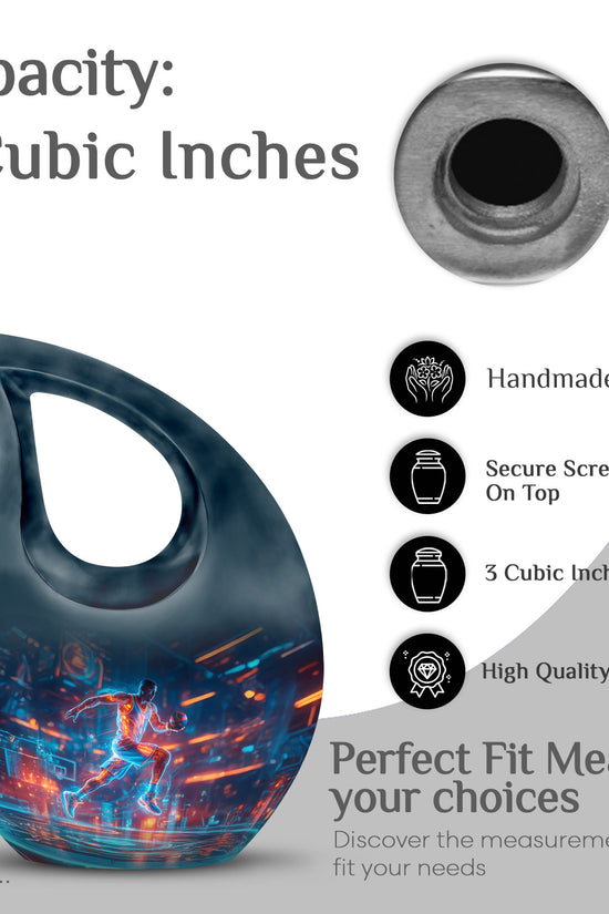 Sapphire Blue Basketball Cremation Urn back view with polished surface - faith-inspired cross-drop urn with basketball pattern - mini keepsake memorial for portion of cremation ashes