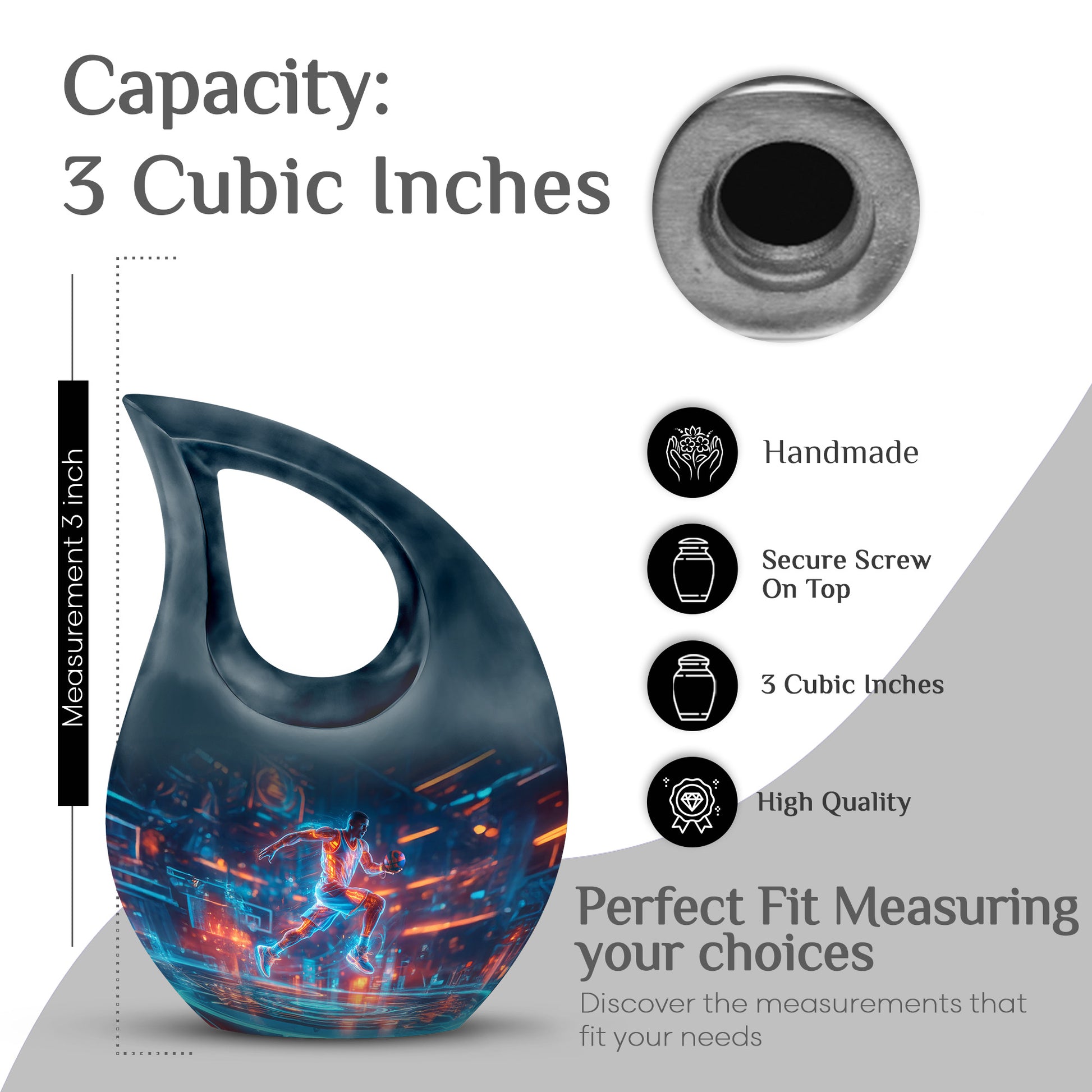 Sapphire Blue Basketball Cremation Urn back view with polished surface - faith-inspired cross-drop urn with basketball pattern - mini keepsake memorial for portion of cremation ashes