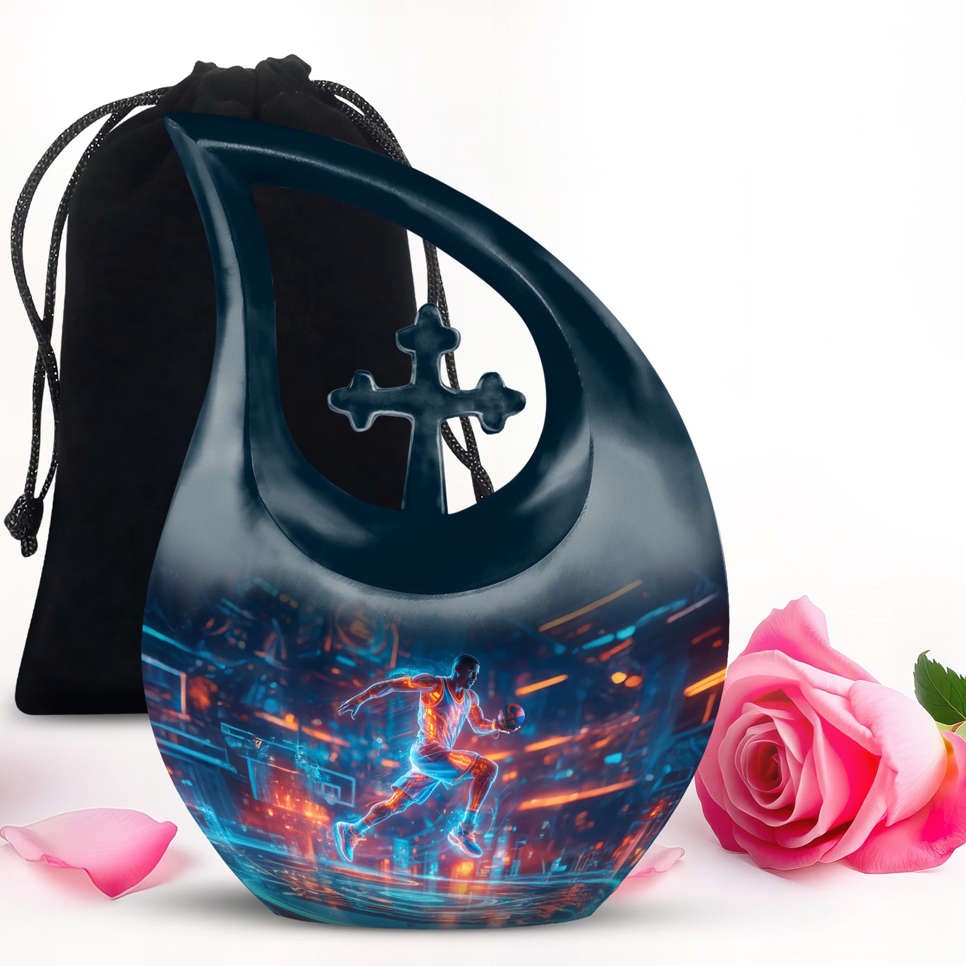 Soft Blue Basketball Cremation Urn top-down view of secure threaded lid - devotional cross-drop basketball engraving - full-size 10 inch 200 cubic inch adult cremation urn