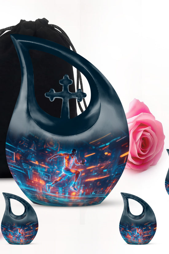 Serene Blue Basketball Cremation Urn urn with complimentary velvet bag - faith-inspired cross-drop urn with basketball pattern - memorial set with one large and four small urns