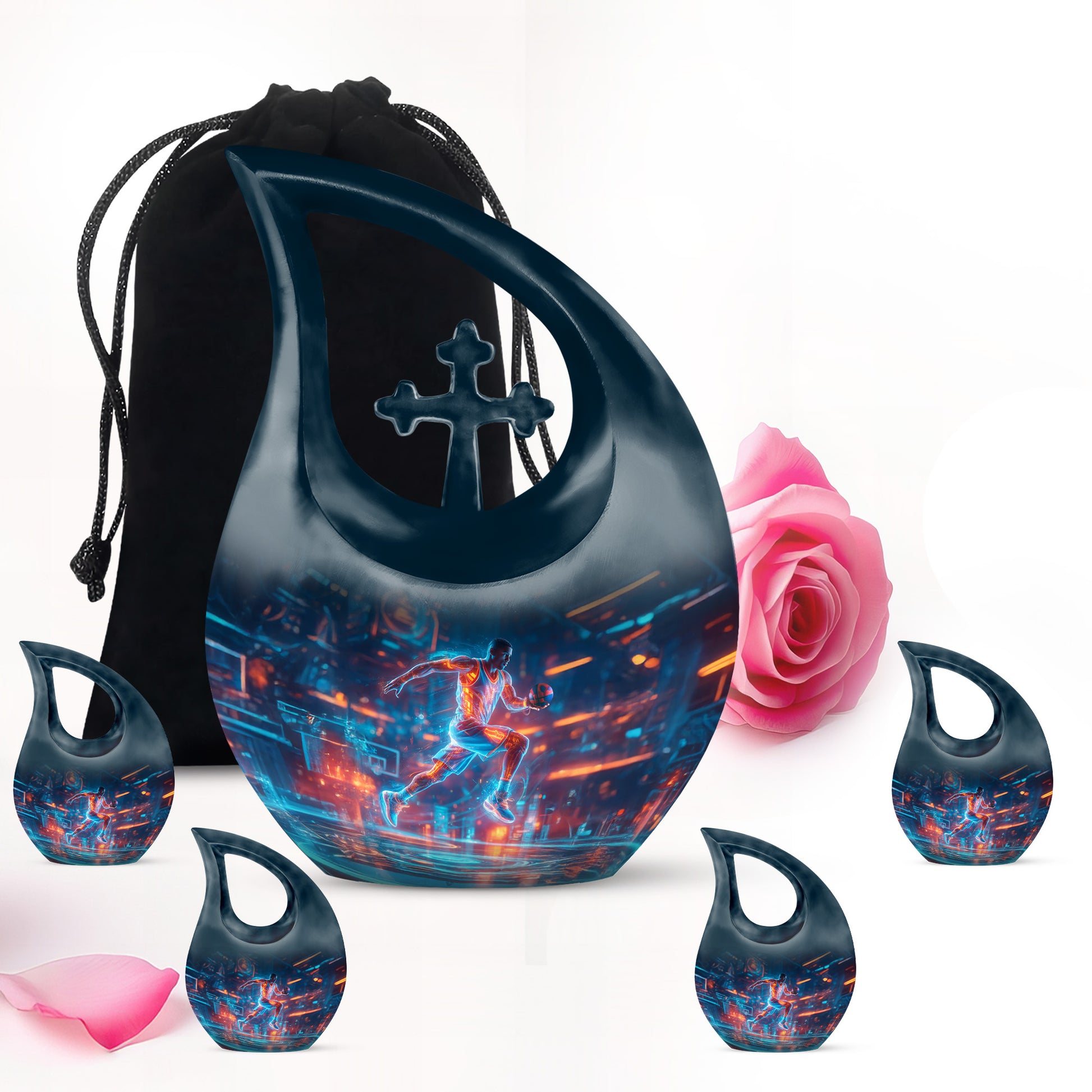 Serene Blue Basketball Cremation Urn urn with complimentary velvet bag - faith-inspired cross-drop urn with basketball pattern - memorial set with one large and four small urns