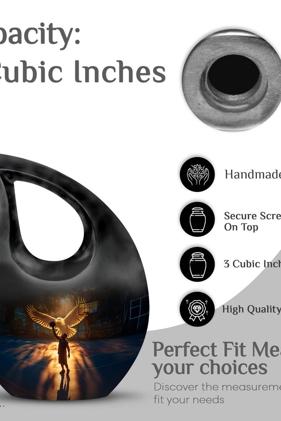 Charcoal Black Basketball Cremation Urn back view with polished surface - devotional cross-drop basketball engraving - mini keepsake memorial for portion of cremation ashes