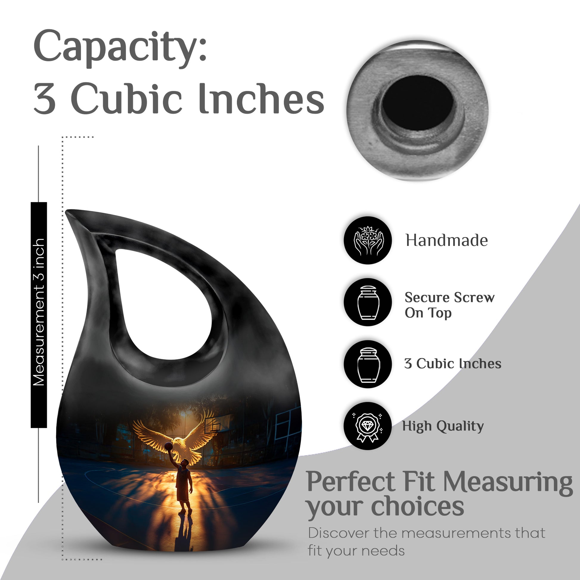 Charcoal Black Basketball Cremation Urn back view with polished surface - devotional cross-drop basketball engraving - mini keepsake memorial for portion of cremation ashes