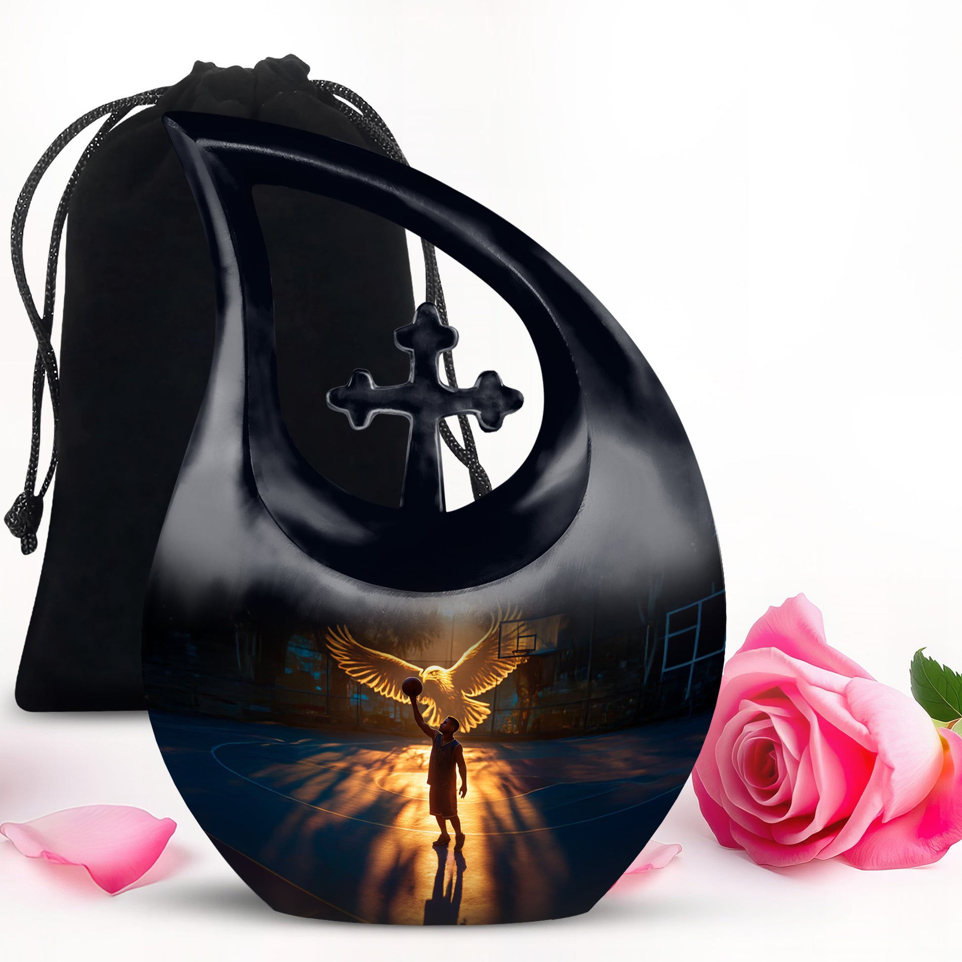 Obsidian Black Basketball Cremation Urn top-down view of secure threaded lid - devotional cross-drop basketball engraving - full-size 10 inch 200 cubic inch adult cremation urn