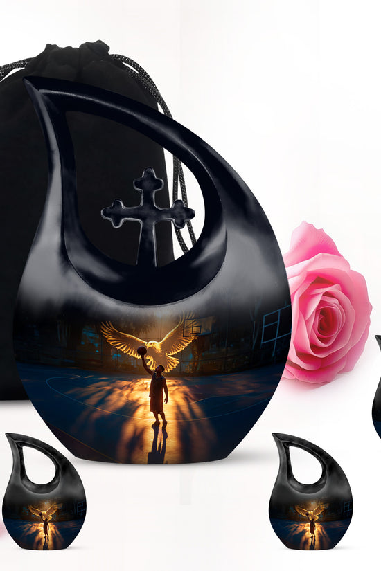 Obsidian Black Basketball Cremation Urn urn with complimentary velvet bag - devotional cross-drop basketball engraving - memorial set with one large and four small urns