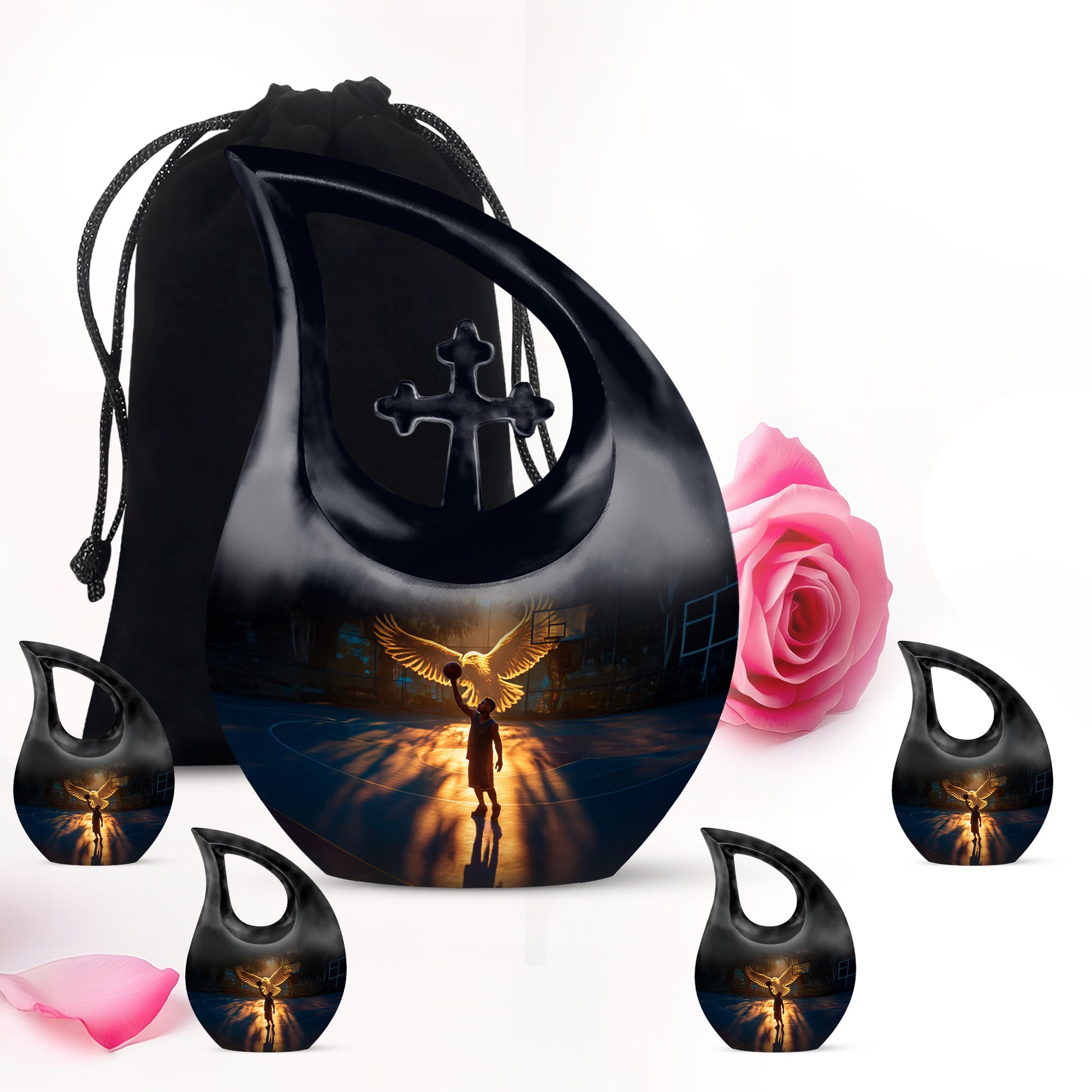 Obsidian Black Basketball Cremation Urn urn with complimentary velvet bag - devotional cross-drop basketball engraving - memorial set with one large and four small urns