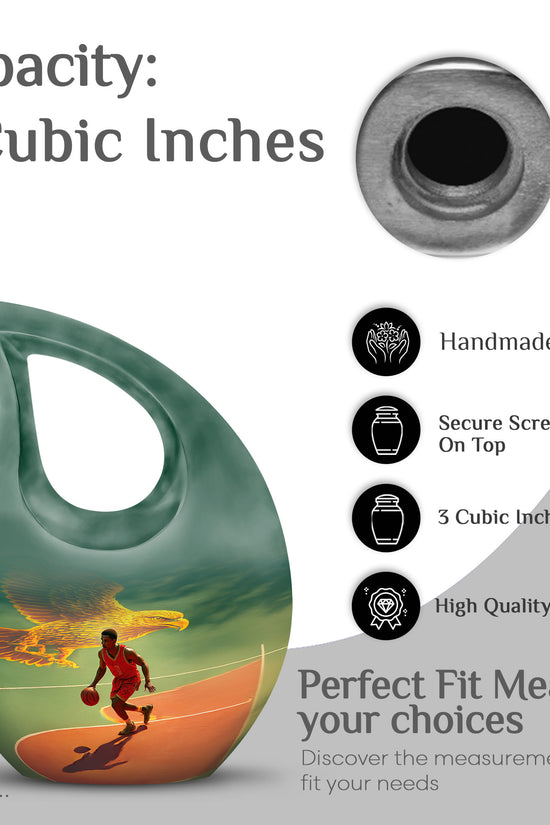Ocean Teal Basketball Cremation Urn back view with polished surface - cross and basketball combined in spiritual memorial design - mini keepsake memorial for portion of cremation ashes